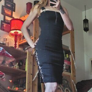 Liquor N poker black denim mini dress side criss cross slits uk size 6
